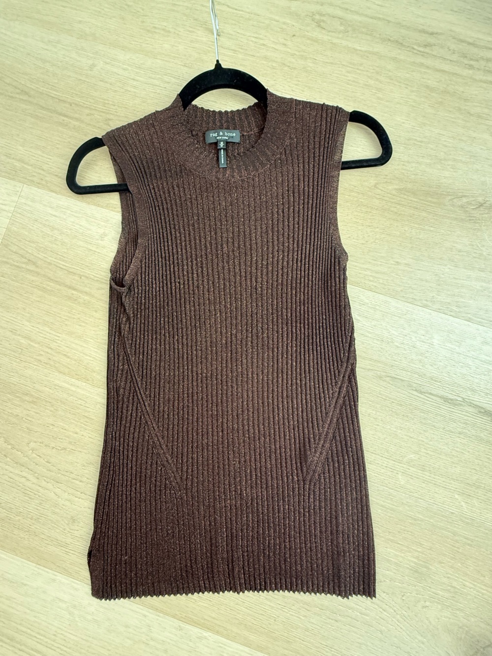 rag & bone Metallic Brown Ribbed Crewneck Top - Medium